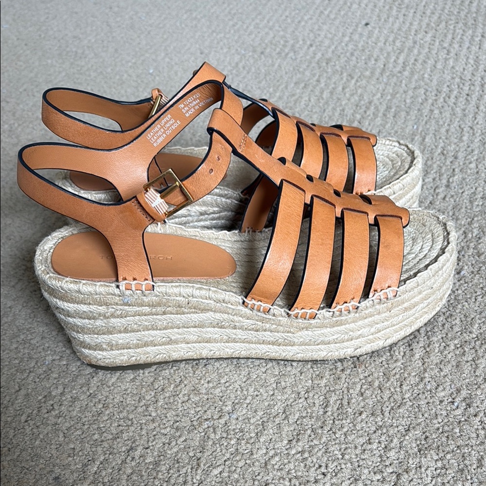 Tory Burch Tan Wedge Espadrilles with Cage Design